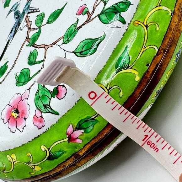 Vtg Hand-Painted Floral Enamel Trinket Box Birds & Blossoms 6" Diameter - Picture 5 of 16